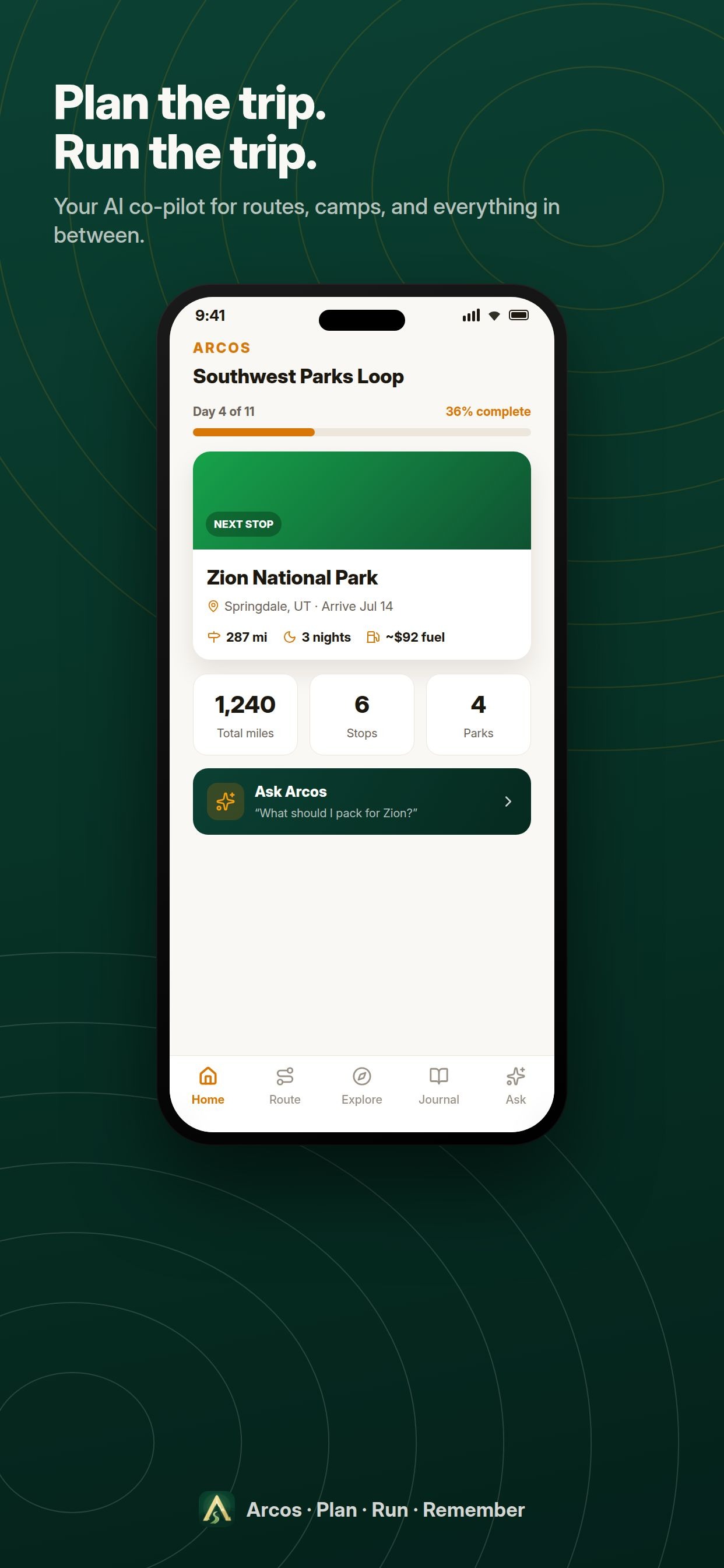 Arcos trip planning home screen