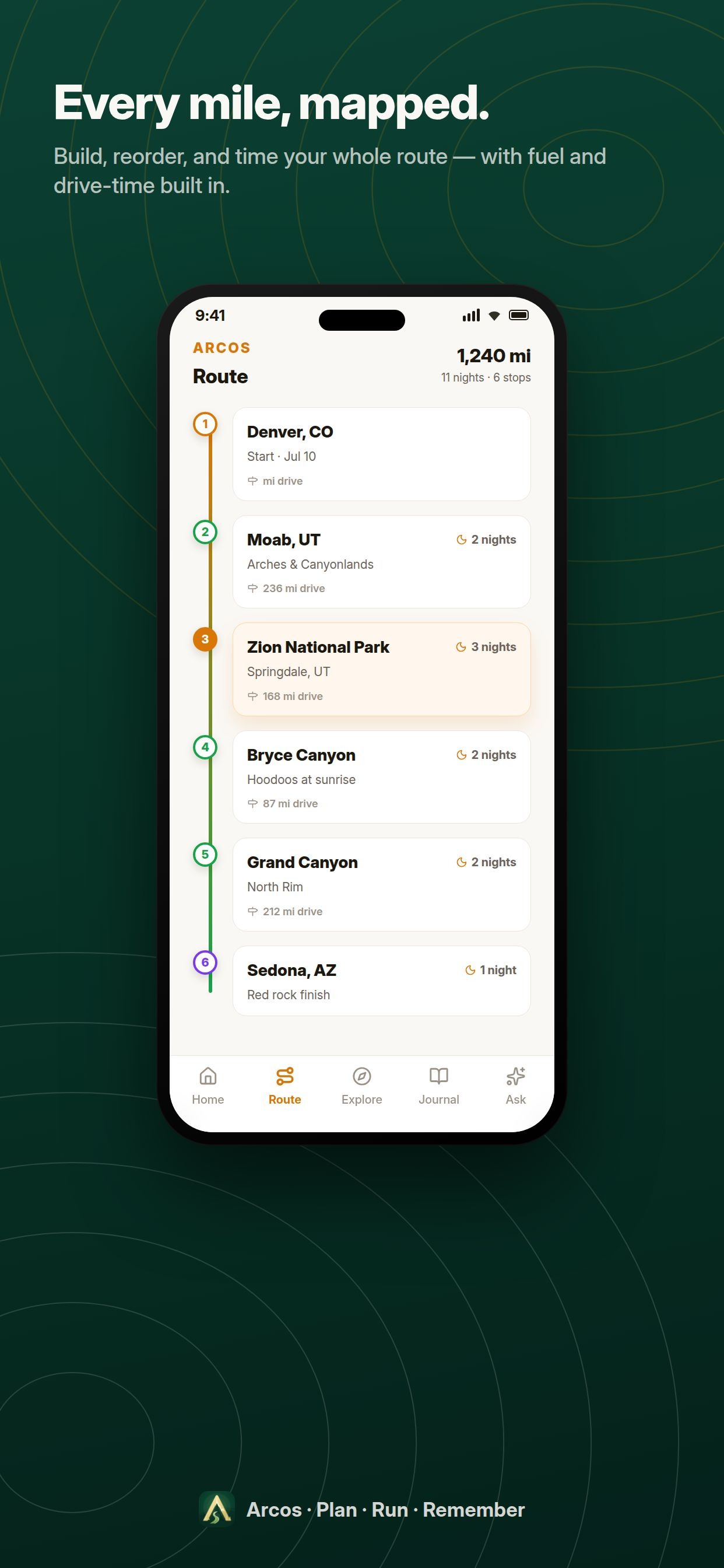 See the whole journey at a glance — Arcos app screenshot