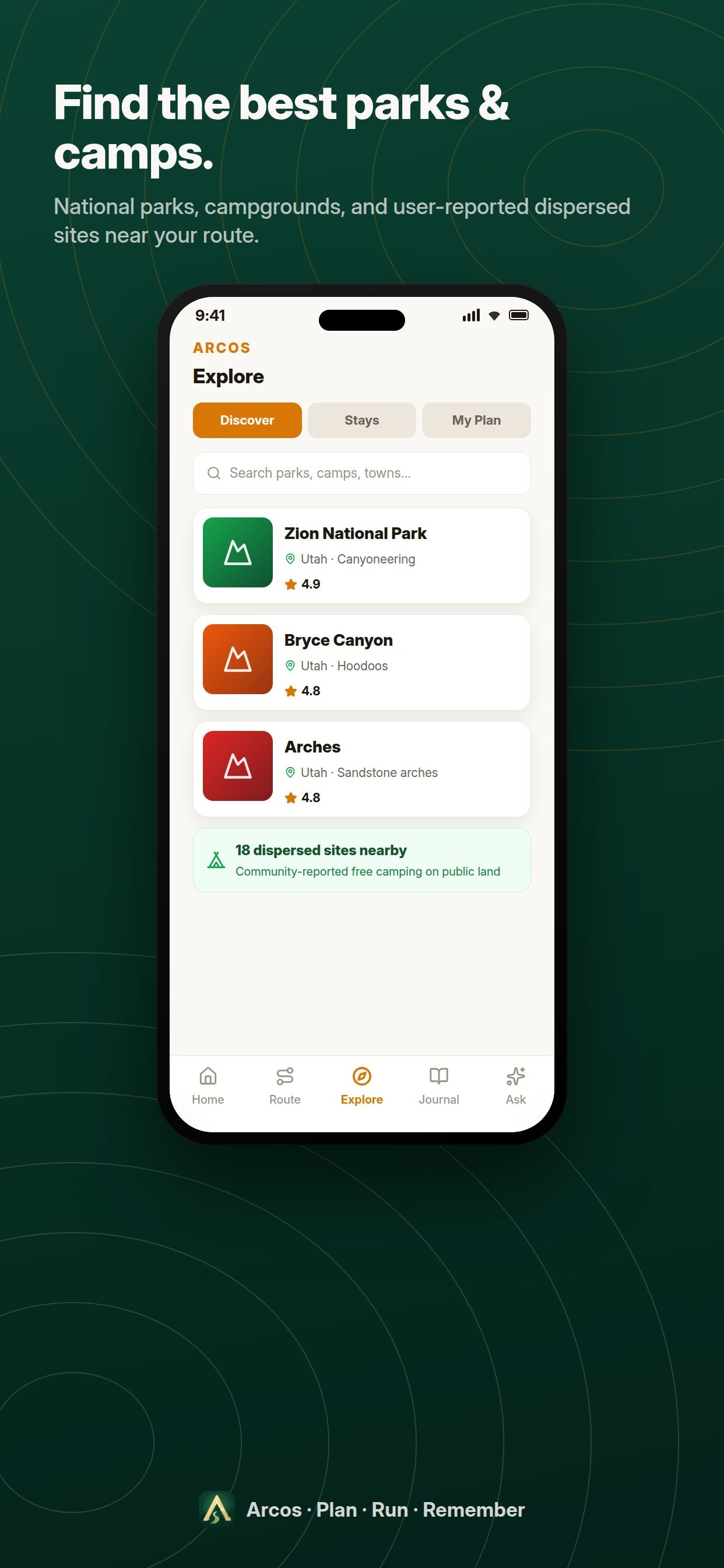 Parks, camps, and hidden gems — Arcos app screenshot