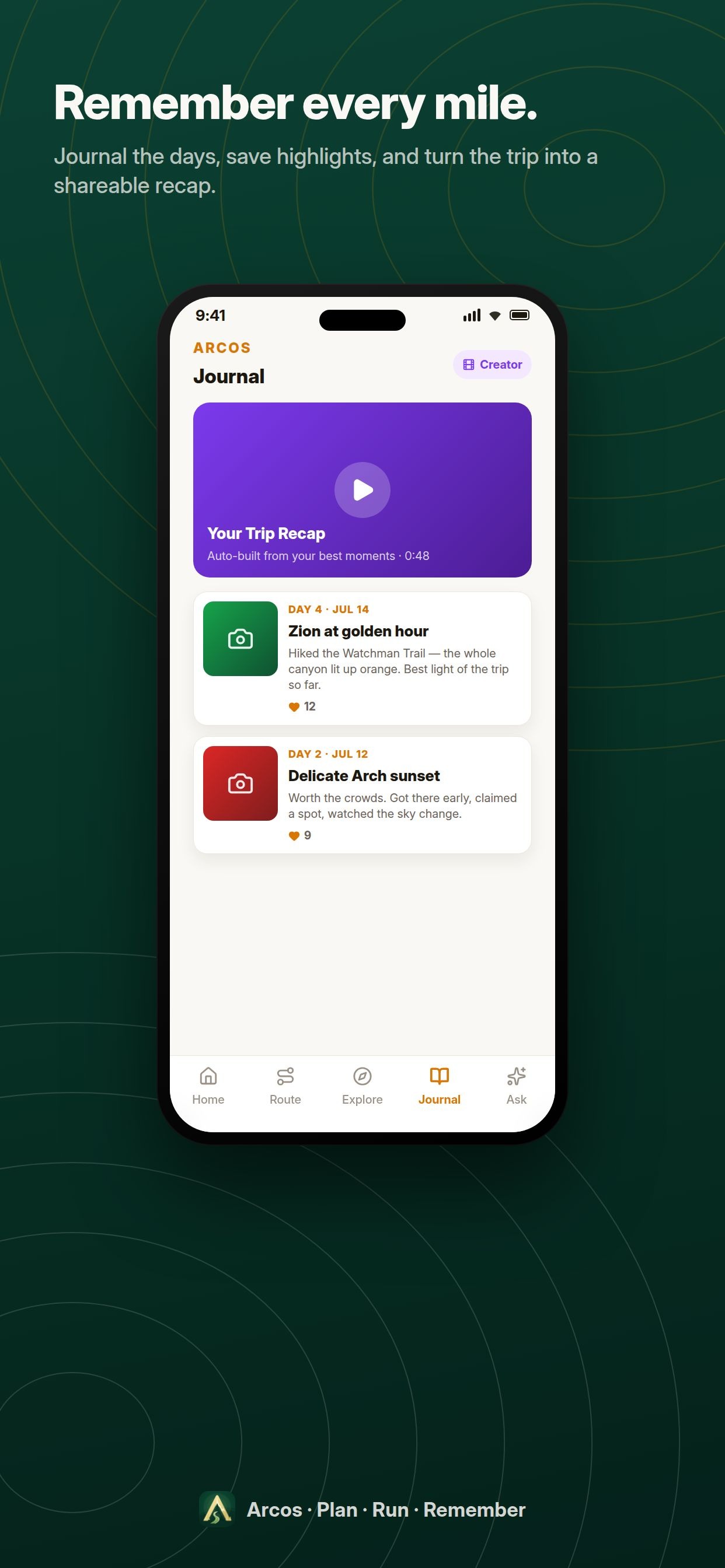 A journal for the road — Arcos app screenshot
